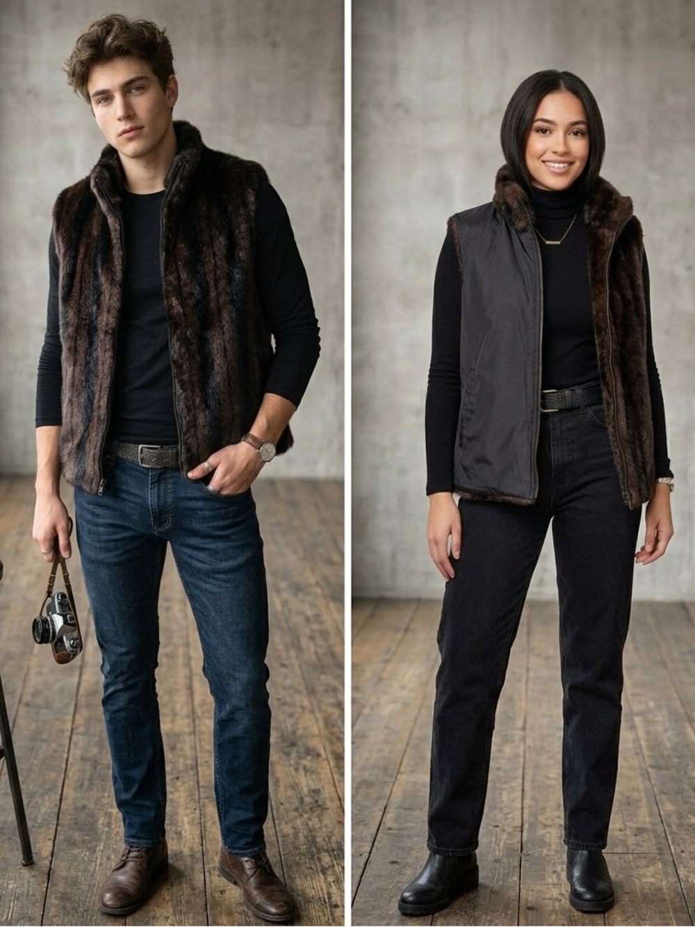 Unisex Dark Brown Faux Fur Reversible Vest - Stylish Layering Piece. Size M